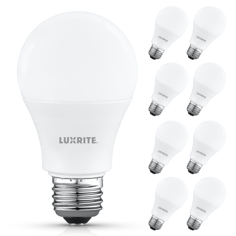 Luxrite A19 LED Light Bulb 9.5W=75W 2700K 1100LM E26 Damp Rated ETL 8-Pack