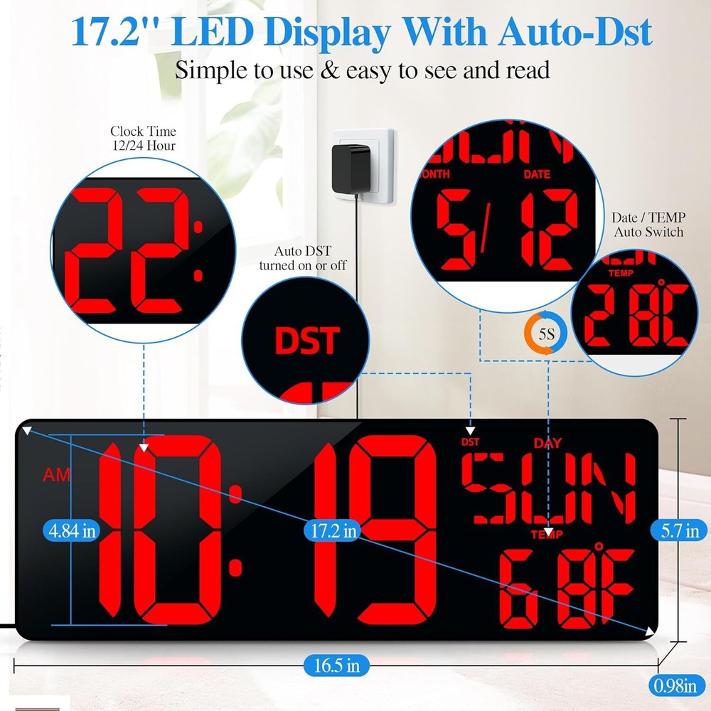 Large Digital Wall Clock With Remote Control 17.2 LED Large Display Timer With