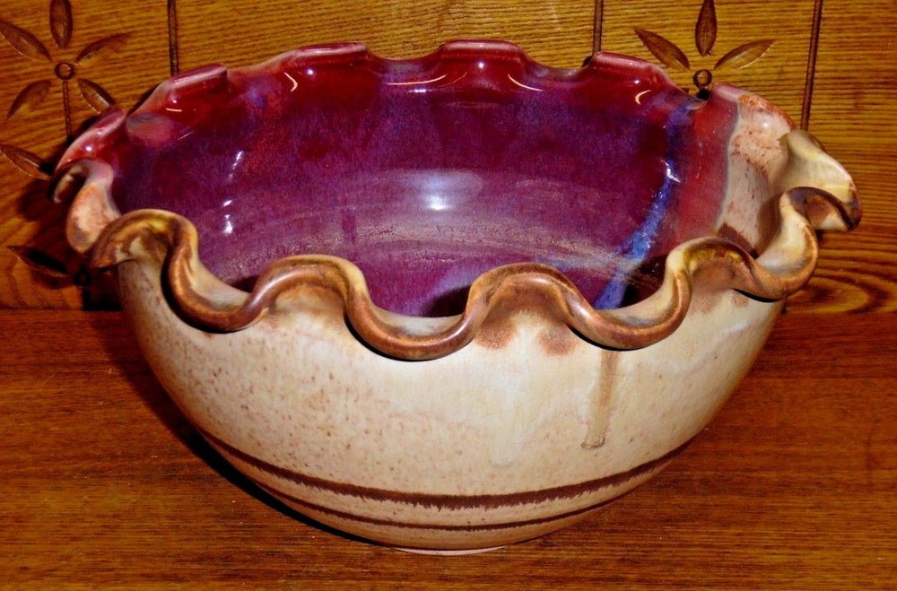 Studio Art Pottery Bowl w/ Fluted Edge - Signed - 11 1/2"