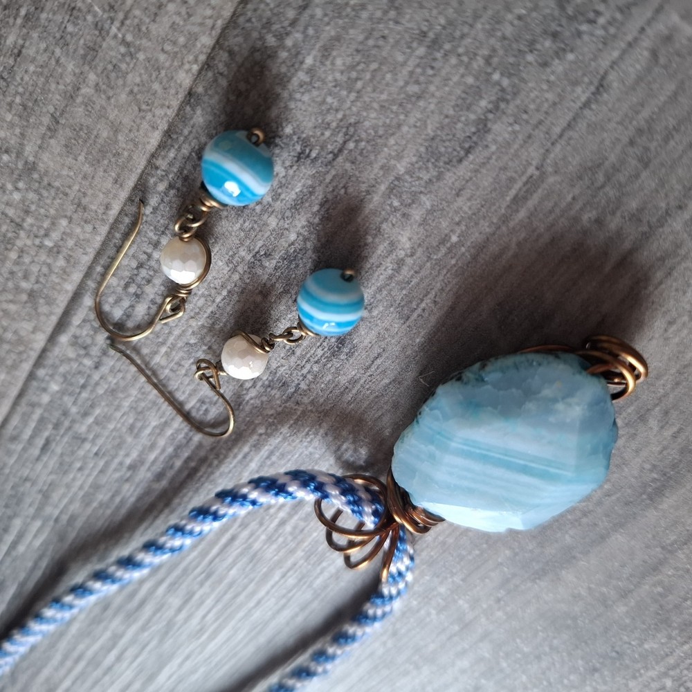 Statement Wire Wrapped Boho Blue Stone Style Necklace And Earrings Set Boho