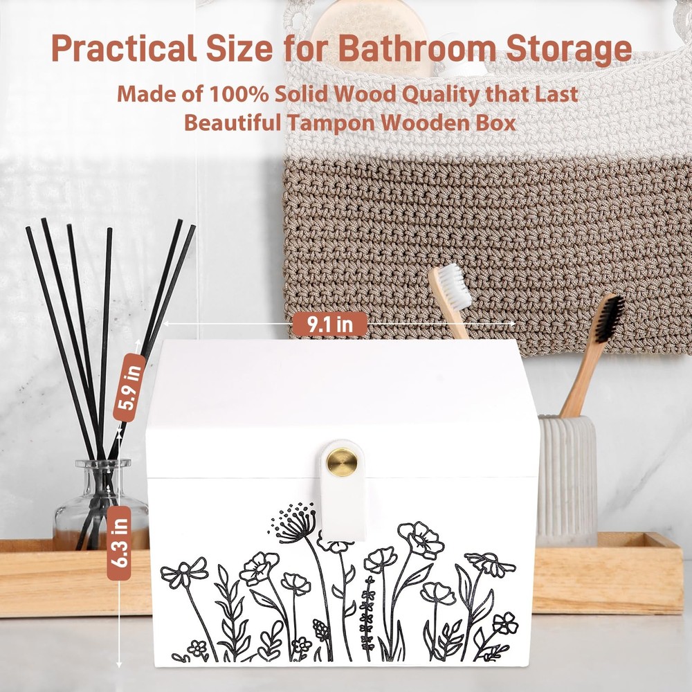 100% Solid Wood Tampon Holder Box with Lid, Copper Leather Pull, Absolute Rea...