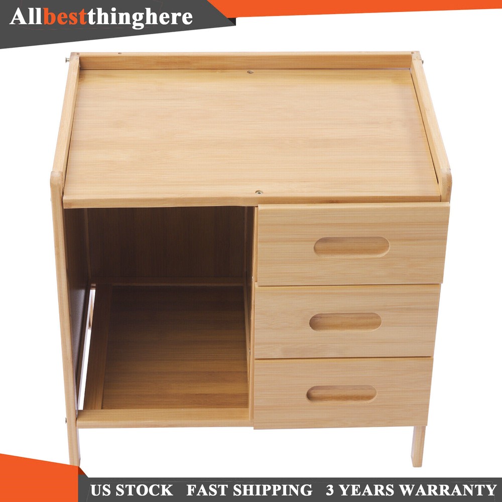 Nightstand Bedside End Table Bedroom Side Bamboo Storage w/ Pull-out Drawer US