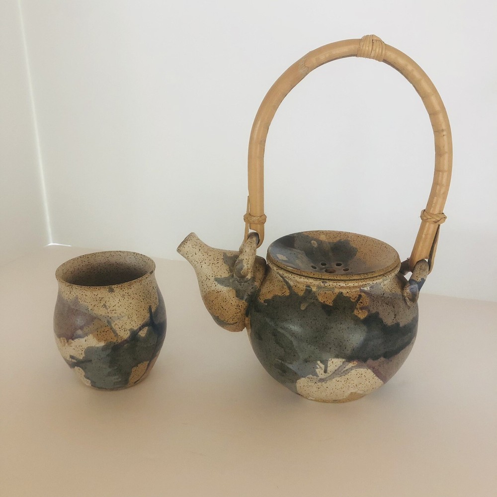 Studio Art Pottery Stoneware Teapot Bamboo Handle & Cup Speckled Glaze Signed