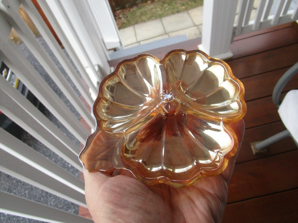 Vintage Carnival Glass Marigold Sectional Candy Dish Leaf Pattern 3 Sections