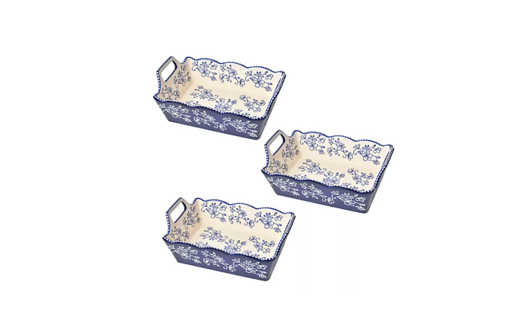 Temp-tations Set of (3) Rectangular Nesting Mini Bakers_Floral Lace Blue
