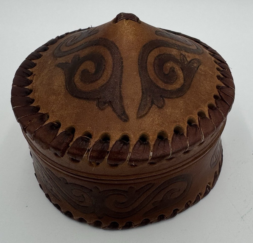 Vintage Handmade Leather Trinket Box Round Tooled High Quality Satin Lined