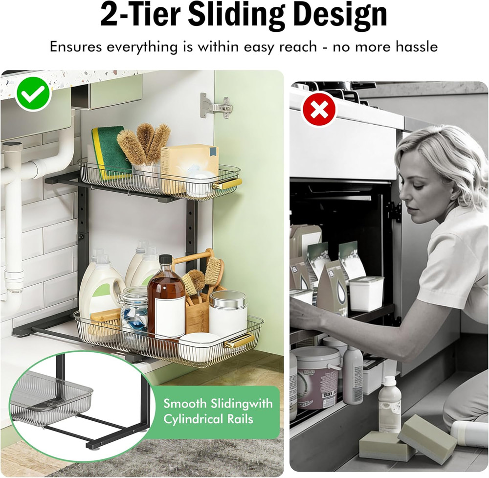 Under Sink Organizer - 2 Packs Multi-Purpose Pull-Out Storage Organizers, Slide
