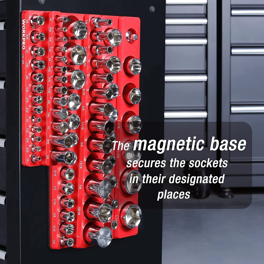 WORKPRO Magnetic Socket Organizer Set 1/4" 3/8" and 1/2" Drive SAE Socket Trays