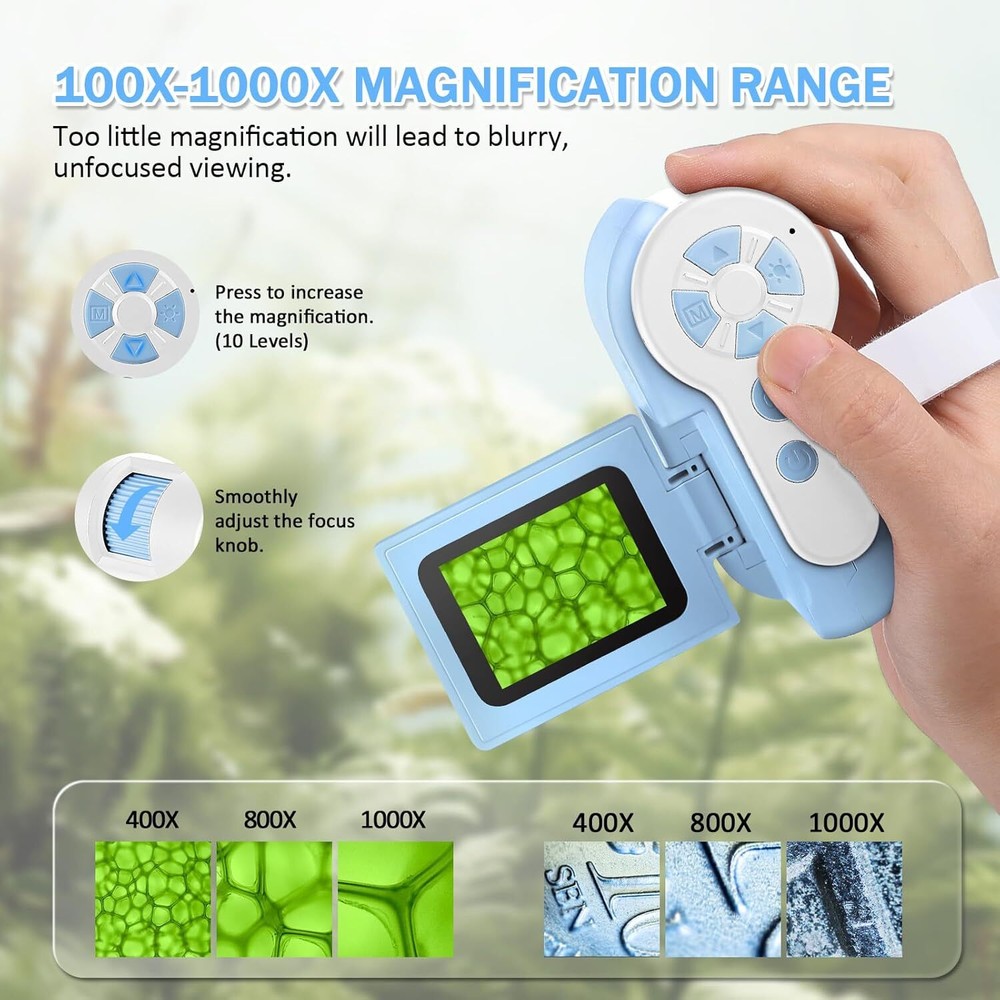Microscope for Kids - 1000x Handheld Microscope with LED Lights 2'' LCD Screen