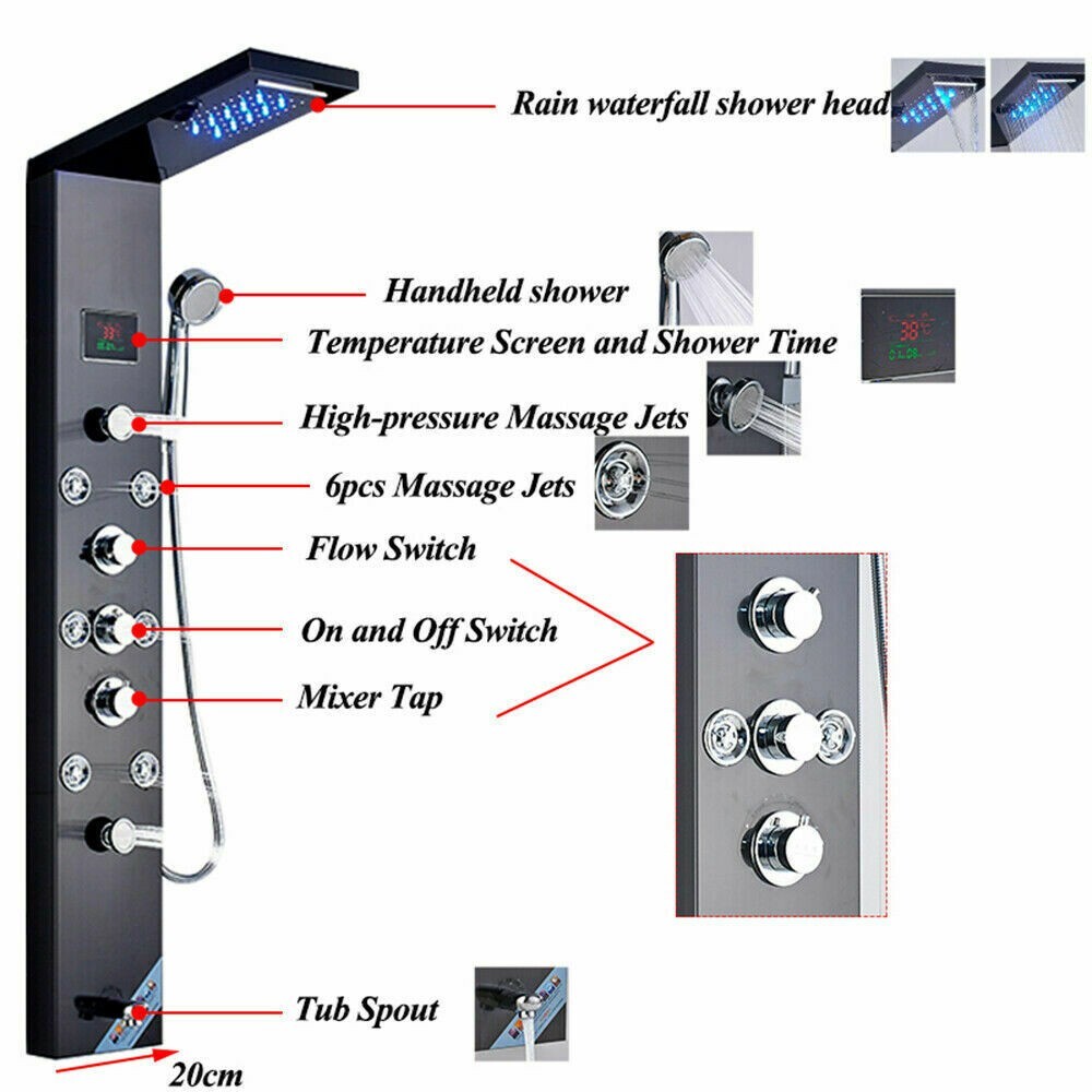 Stainless Steel LED Shower Panel Tower Faucet Rainfall Massage System Jet Black