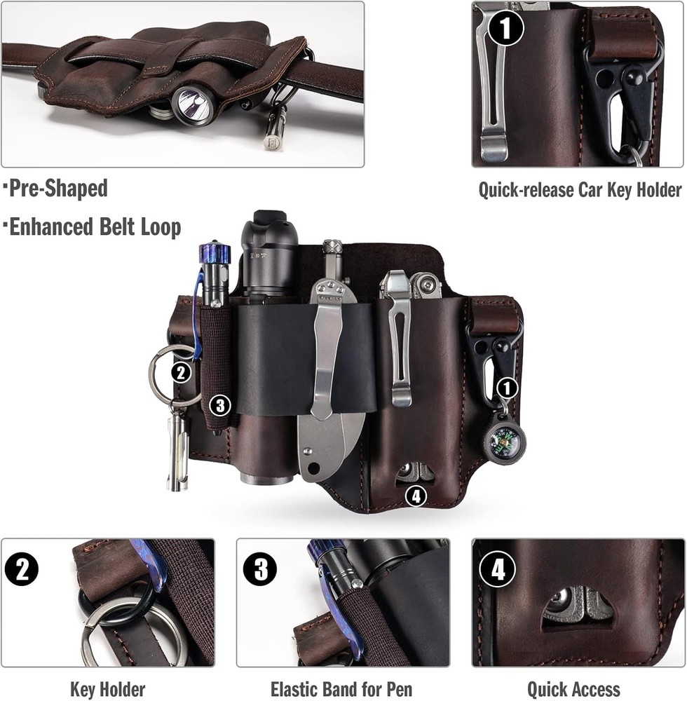 ST1 Leather Multitool Sheath - EDC Belt Organizer for Leatherman Tools, Flashlig