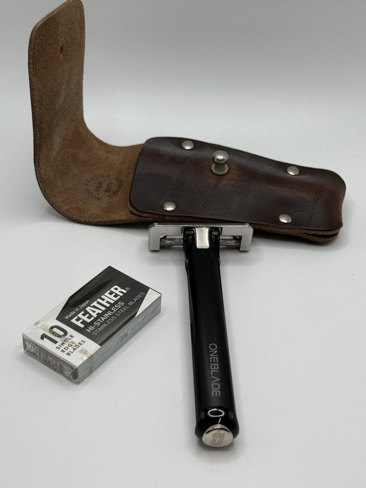 Oneblade Element Razor with leather case, 10 feather blades, & blade disposal