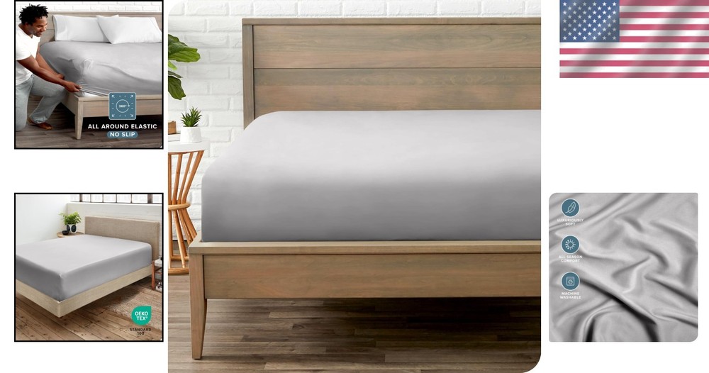Luxurious King Size Fitted Sheet - 1800 Thread Count Microfiber, Light Grey