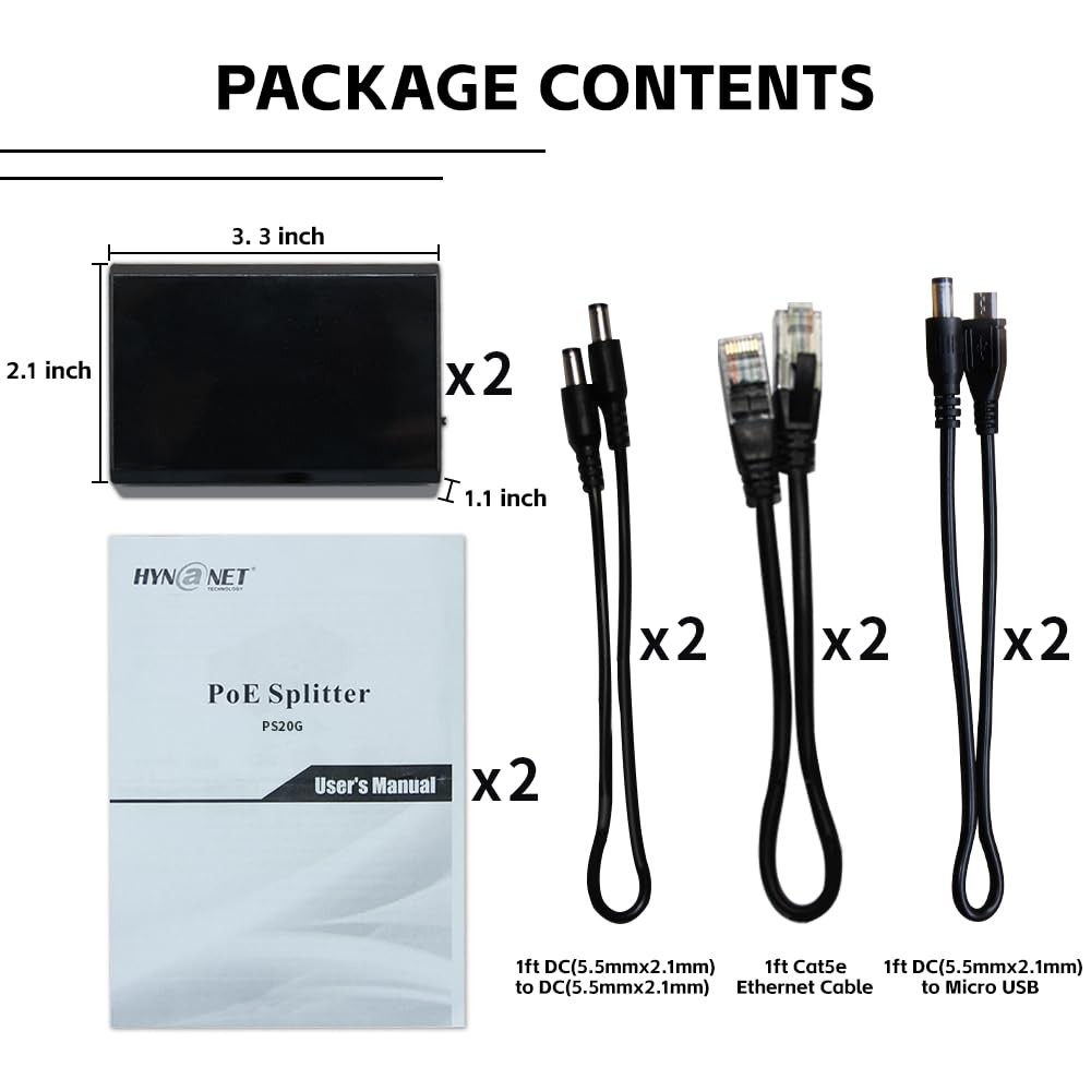 2-Pack Gigabit PoE+ Splitter, 24W, 5V/9V/12V, Micro USB, Raspberry Pi, Camera