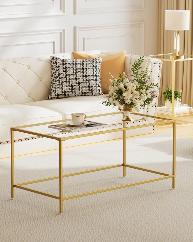Glass coffee table, modern rectangular gold coffee table for living room