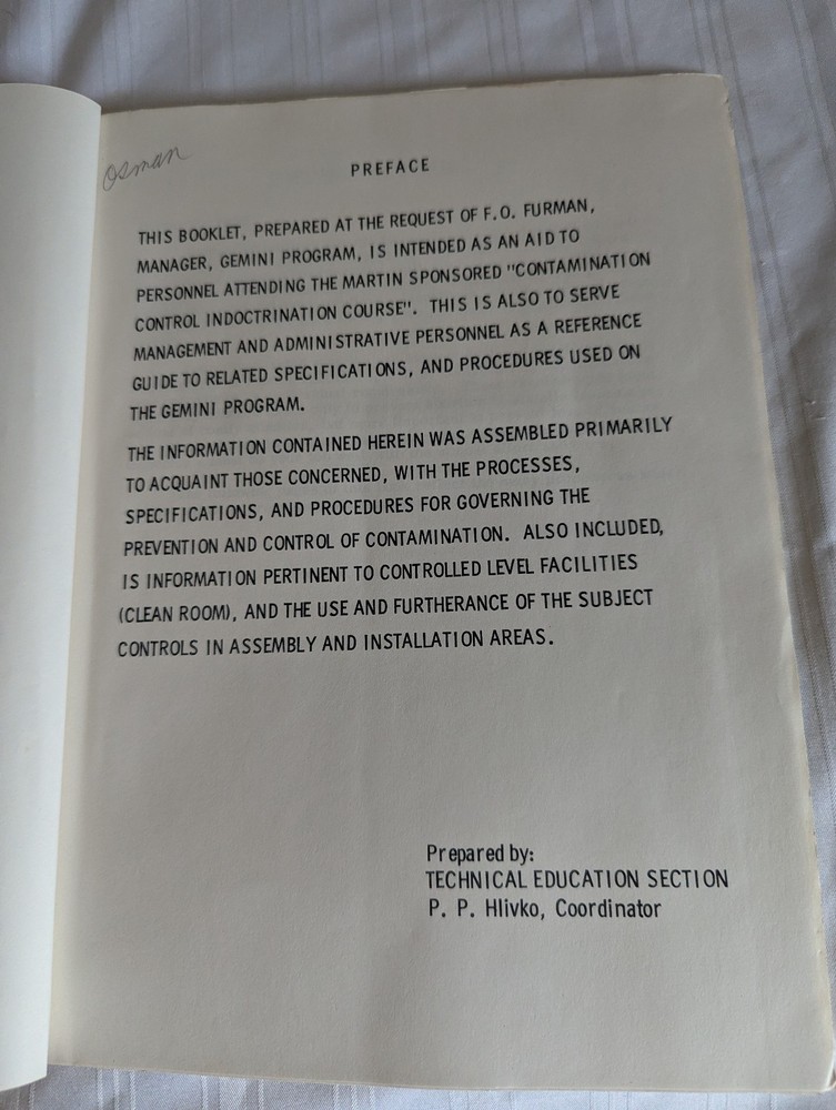 Martin Company Gemini Program Contamination Control booklet