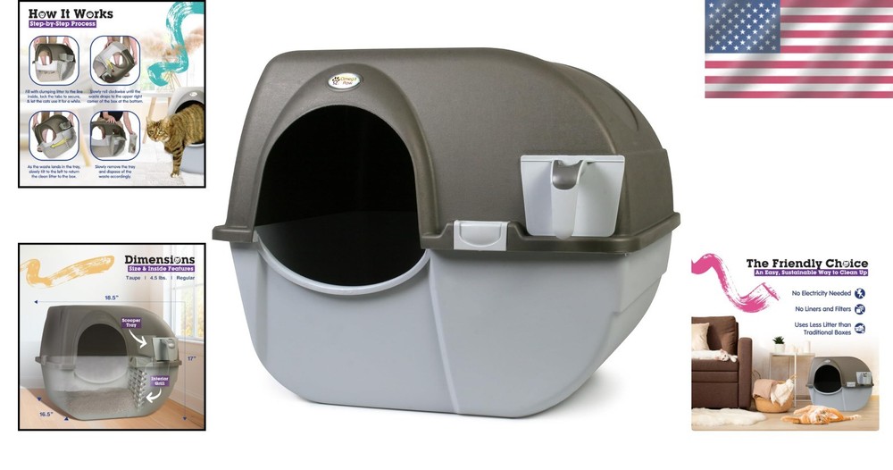 Self-Cleaning Litter Box Regular Grey - Patented Roll & Sift, No Scooping, Ea...