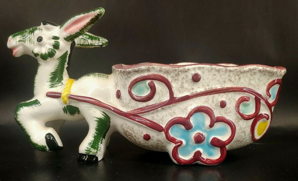 Vintage Ceramic Donkey Pulling Buggy Cart Carriage Figure Planter mAAN
