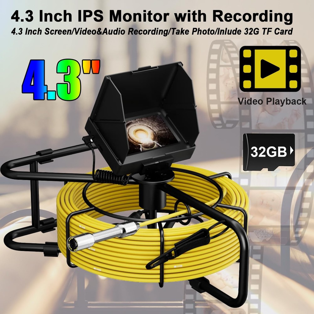 Sewer Camera, 4.3" Pipe Snake Camera with DVR Function, Drain Plumbing Inspec...