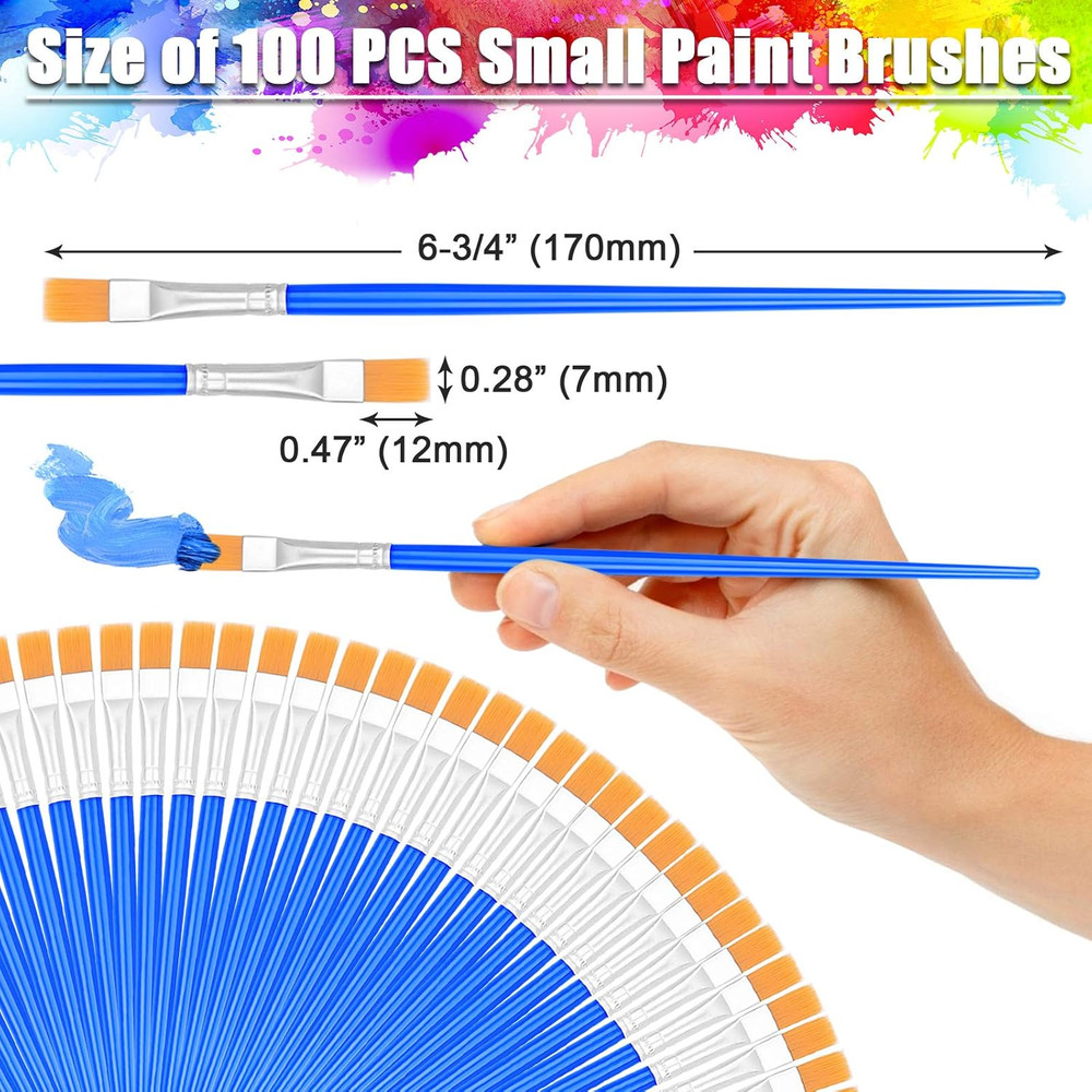 100Pcs Small Paint Brushes Bulk, Anezus Flat Top Acrylic Classroom Brush