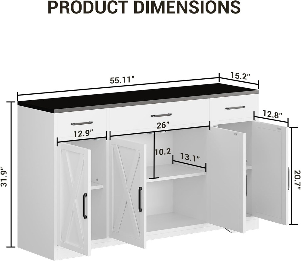 Large Buffet Sideboard Cabinet with Storage - 4 Doors & 3 Drawers