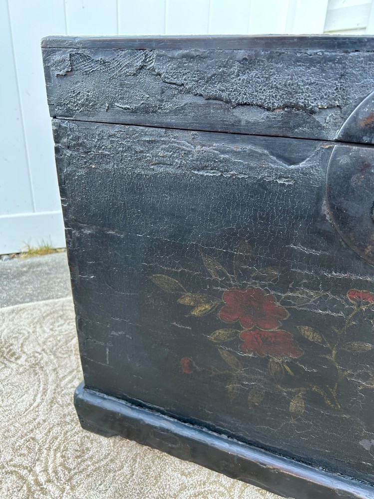 Antique Asian Distressed Black Dovetail Trunk