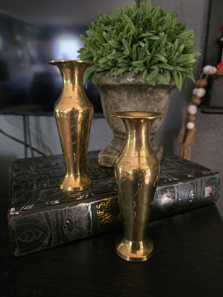 Solid Brass Petite Bud Vases Etched Foliage Pattern Made In India