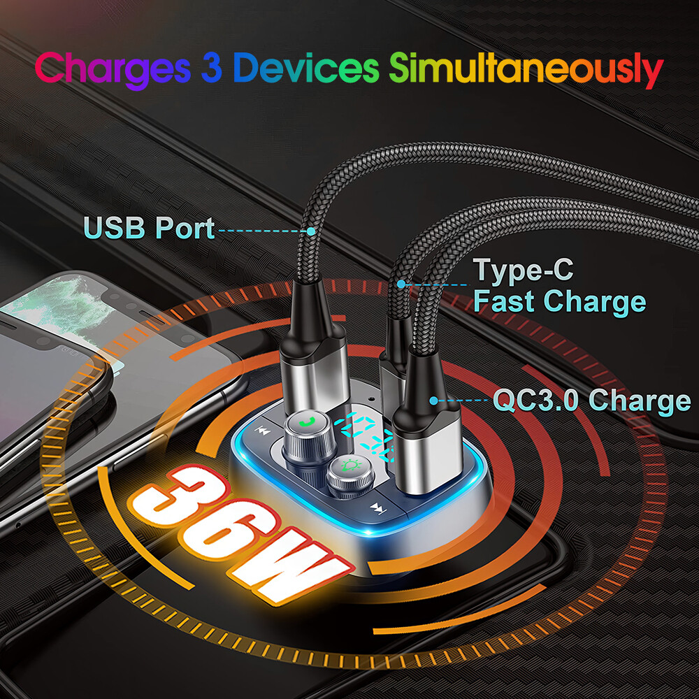 Bluetooth 5.1 Car Adapter Wireless FM Transmitter Hands-Free Calling MP3 Player