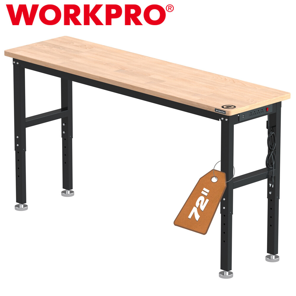 WORKPRO 72" Adjustable Workbench Garage Workbench Power Outlets 3000LBS Load MAX