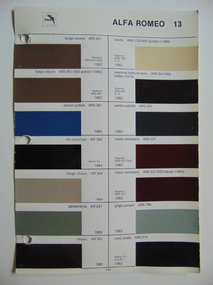 Original Glasurit Alfa Romeo Paint Chips Sheet - 1982-1985