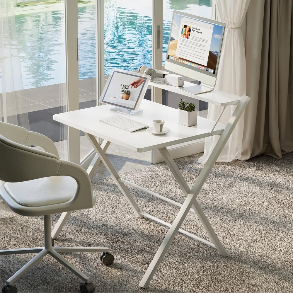 GreenForest No Assembly Folding Desk, 2-Tier Compact Computer Desk with Shelf...