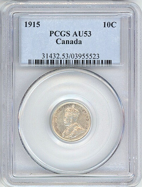 1915 Canada 10 cents PCGS AU53