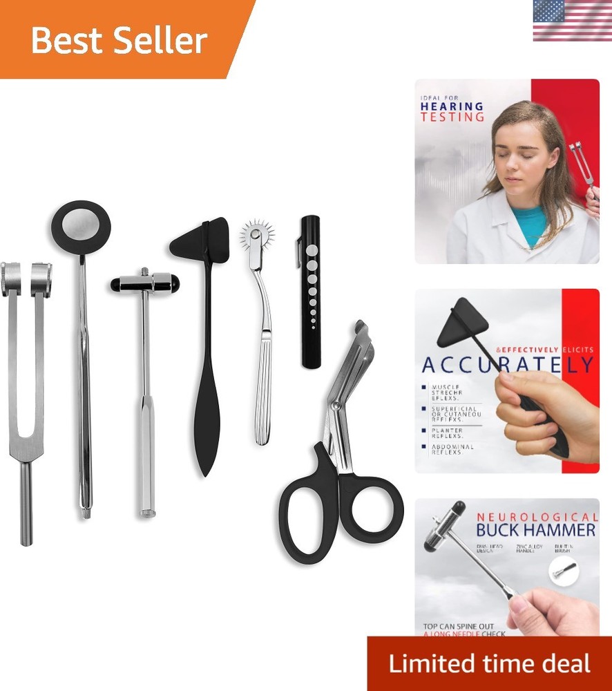 Professional Neurological Instruments Set: 7 pcs Reflex Hammer Kit with Scissors