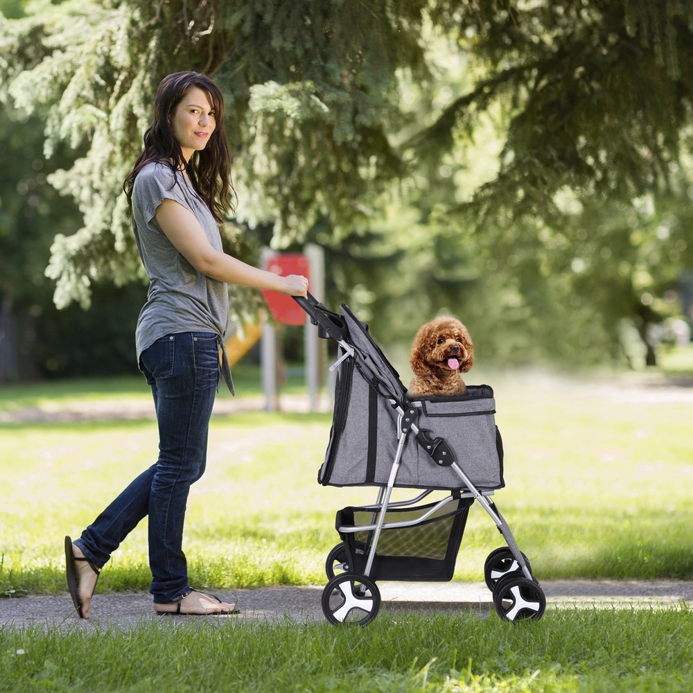 Pet Stroller 4 Wheels Cat Dog Stroller with Cup Holder, Breathable Mesh Grey