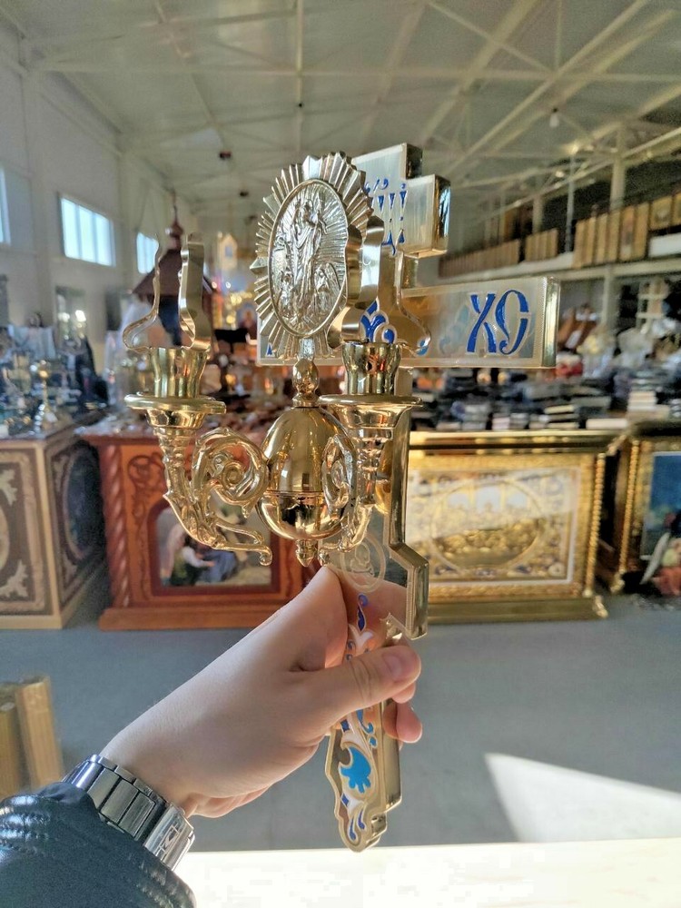 Easter three candlestick on the cross cast brass 13.77"