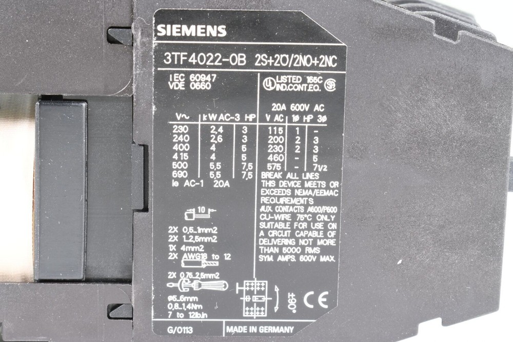 SIEMENS 3TF4022-0BB4, Contactor