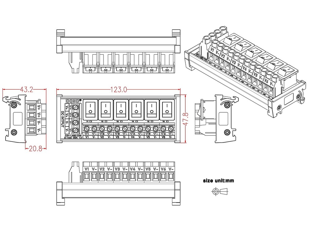 DIN Rail Mount 6 Channel Rocker Switch DC Power Distribution Strip Module