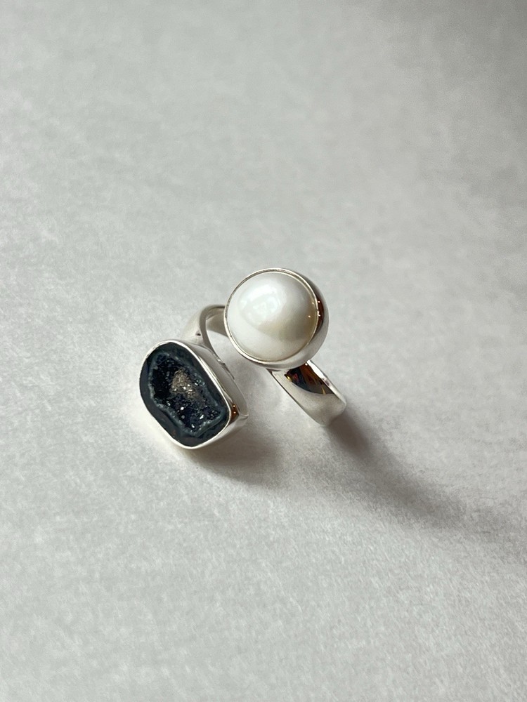 Pearl & Geode Adjustable Ring 925 Sterling Silver Size 7