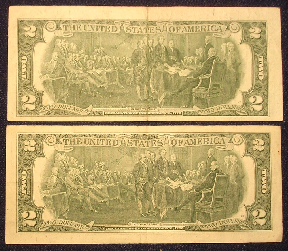 Two 1976 Bicentennial Miscut/Misaligned Error $2 Bills, Circulated, Nice