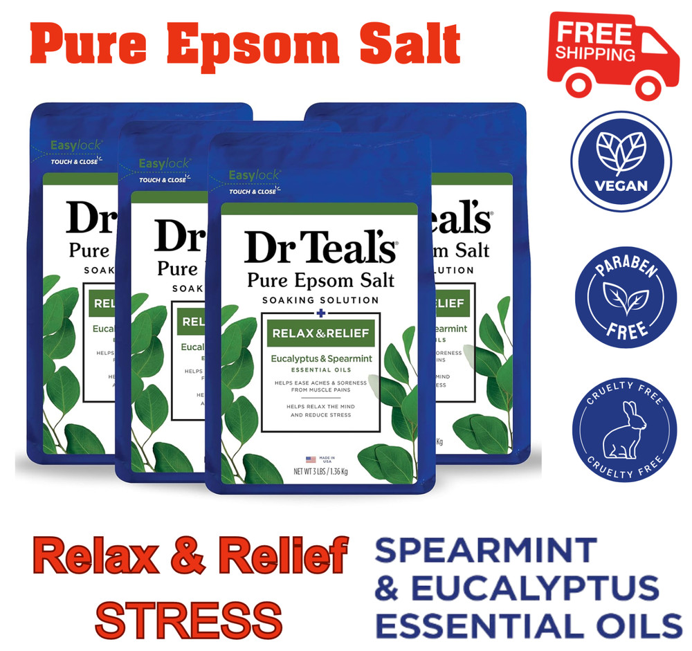 4 Pack Dr Teal's Pure Epsom Salt, Relax & Relief, Eucalyptus & Spearmint, 3 lb