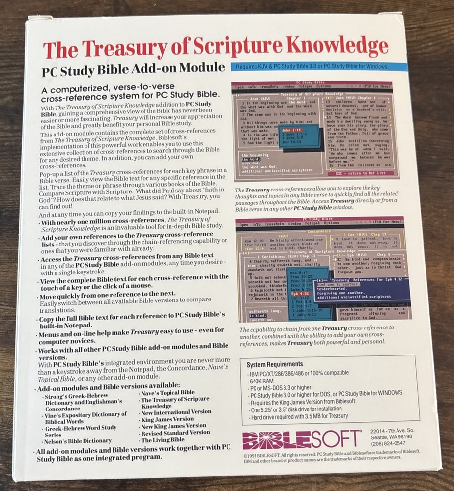 BIBLESOFT PC Bible Study Add-On The Treasury of Scripture Knowledge DOS Windows