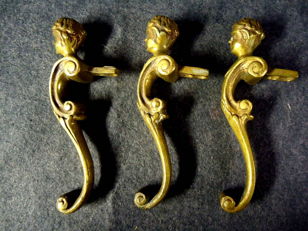 3 Antique Large Solid Brass 6" Figural Drawer or Door Pulls