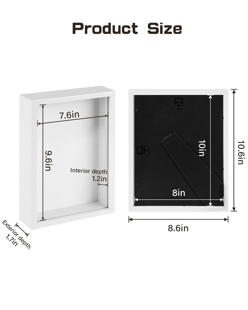 2 Pack 8x10 Shadow Box Frame with Plexiglass, Wood Display 8x10, White