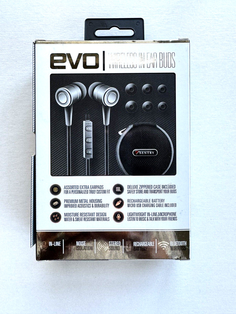 EVO Wireless Bluetooth Earbuds w/Mic - White Includes zippered case, extra pads