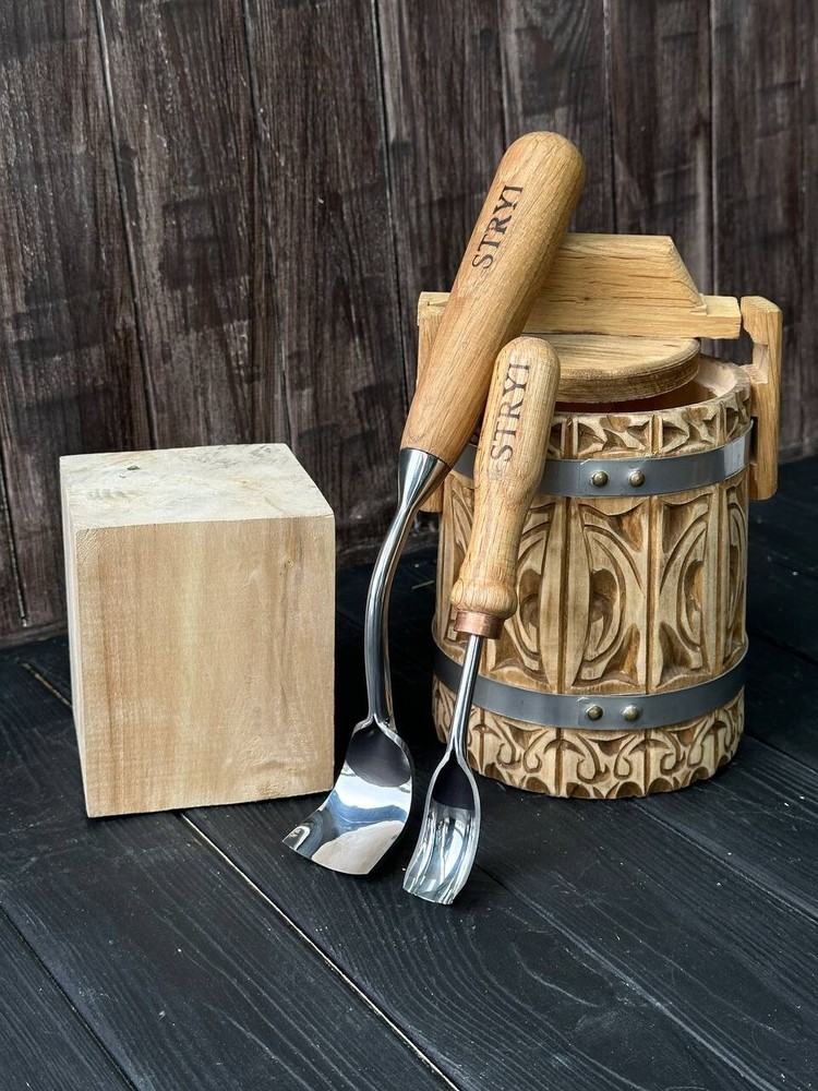 Set of large bent gouges for bowl and kuksa carving, Carbon steel spoon gouges