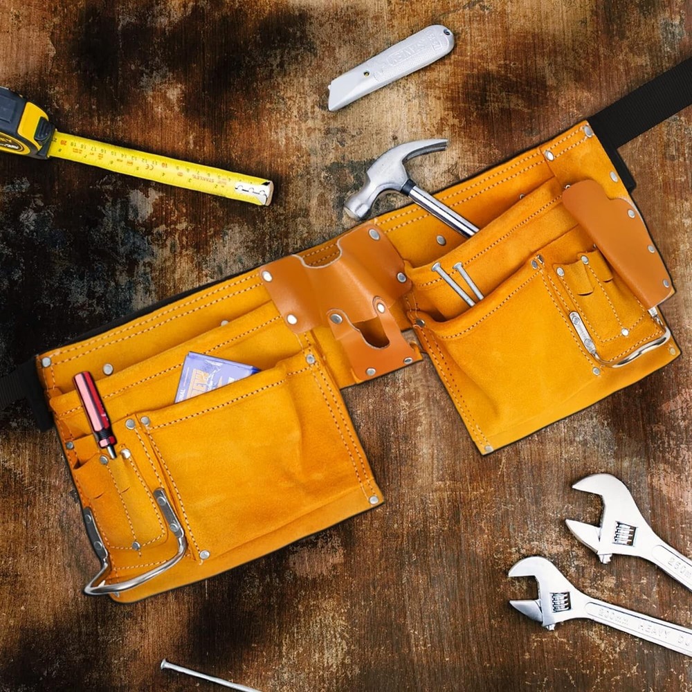 11 Pocket Leather Tool Belt – Carpenter Construction Pouch w/ Quick Release Buck