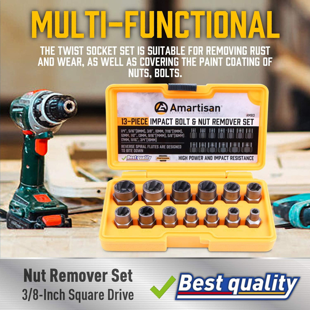 Amartisan Impact Bolt Extractor Tool, 13PC Bolt Nut Removal Extractor Socket Too