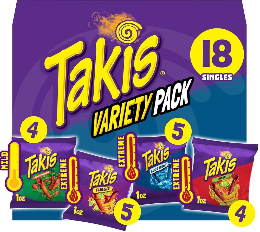 Takis 18 pc / 1 oz Variety Pack, Assorted Flavored Mixed Rolled Tortilla Chips .