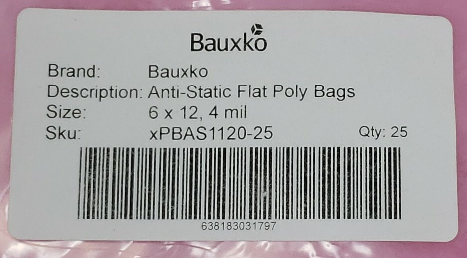 Bauxko 6 x 12" - 4 Mil Anti-Static Flat Poly Bags, Quantity 25