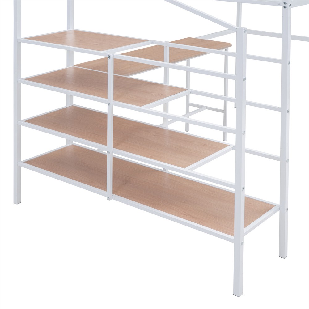Full Size Loft Bed Metal Bed Frame with Desk & Storage Ladder White/Black
